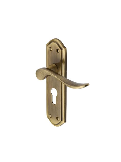 Heritage Brass Door Handle For Euro Profile Plate Sandown Design Antique Brass Finish