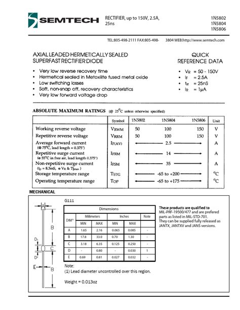 1N5804 Semtech DIODE Hoja de datos Ficha técnica Distribuidor