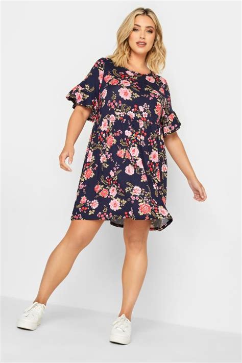 Yours Curve Plus Size Dark Blue Ditsy Floral Print Smock Tunic Dress