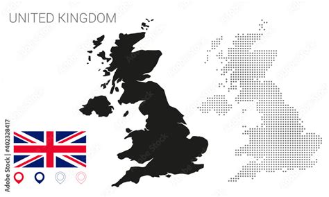 Uk Map Dotted Great Britain Map Silhouette Union Jack Flag And Pin