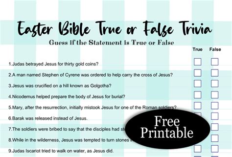 Free Printable Easter Bible True or False Trivia Quiz