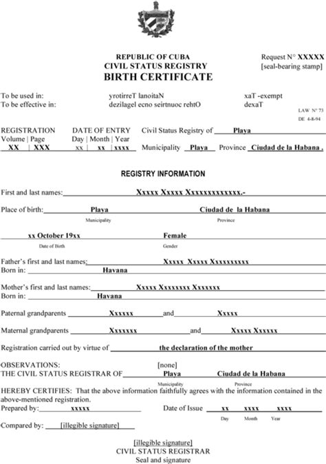 Birth Certificate Translation Template Uscis