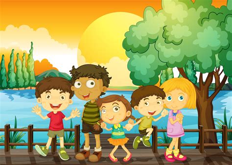 Children on the bridge at sunset 520070 Vector Art at Vecteezy