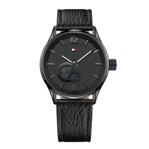 Tommy Hilfiger Automatic Black Leather Strap Watch in Black for Men | Lyst