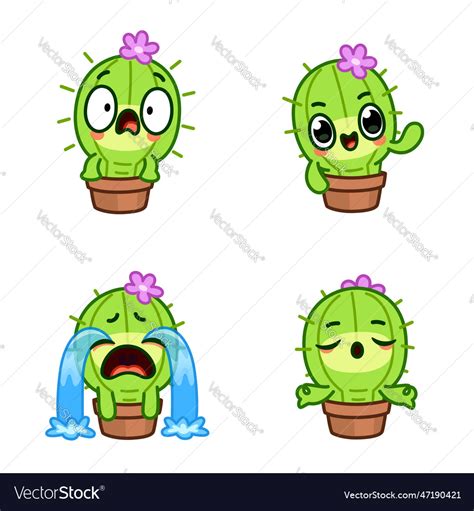 Cactus emoji sticker character set Royalty Free Vector Image