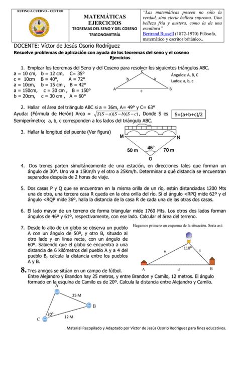 1 Teoremas De Seno Y Del Coseno Trigonométricas Ejercicios