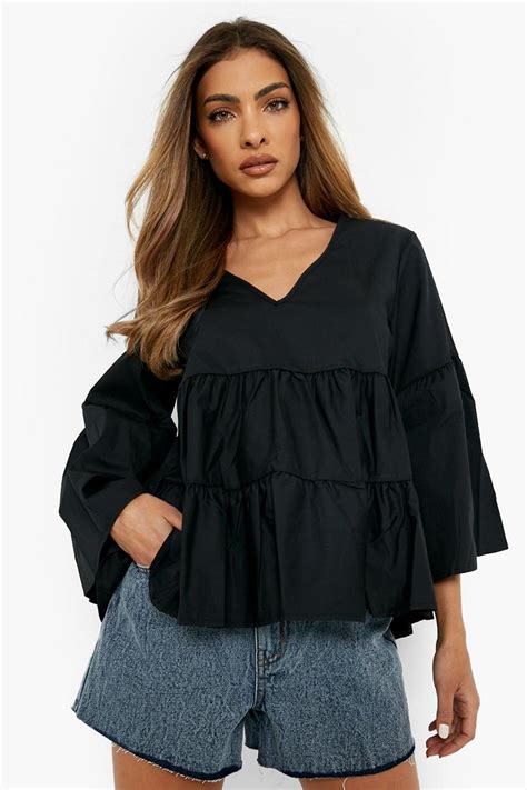 Black Cotton Poplin Tiered Smock Top Boohoo Uk