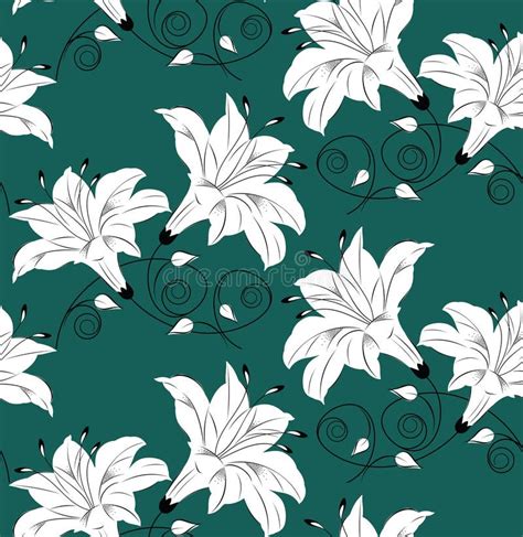 Seamless Vector Floral Wallpaper Design On Green Background Stock