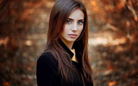 Women Depth Of Field Blue Eyes Black Coat Brunette Long Hair Red