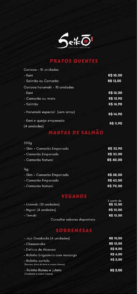 Menu Em Seiko Sushi Restaurante Recife