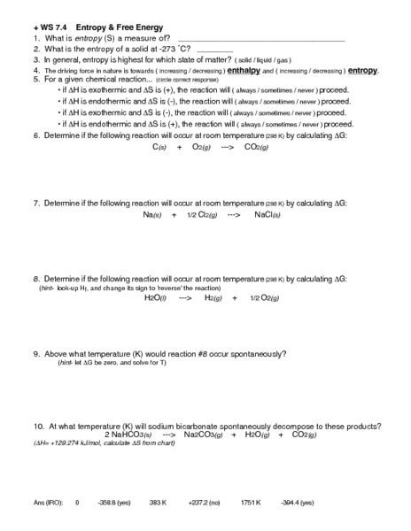 Entropy and Free Energy Worksheet for 11th - Higher Ed | Lesson Planet