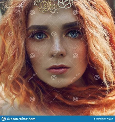 Beautiful Redhead Norwegian Girl With Big Eyes And Freckles On Face In