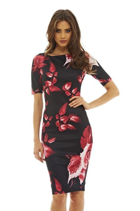 Ax Paris Womens Midi Dress Bodycon Black Red Floral Crew Neck Short