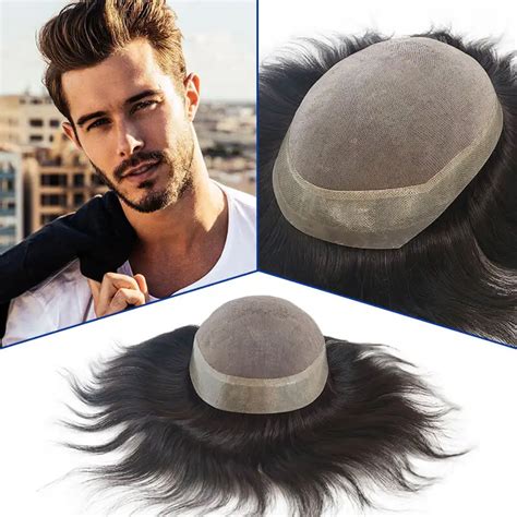 Toupee Men Mono With Clear Pu Wig 100 Natural Human Hair Breathable Male Hair Prosthesis