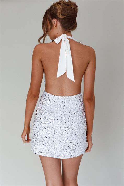 Shop The Zurie Plunging Halter Mini Dress Sequin White Selfie Leslie