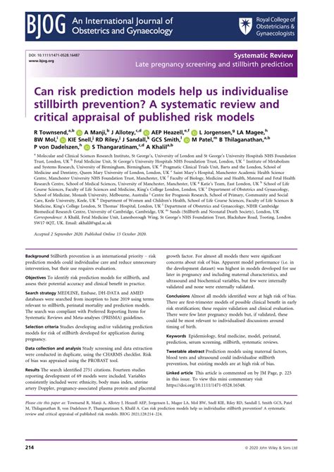 Can Risk Prediction Models Help Us Individualise Stillbirth Prevention A Systematic Review And