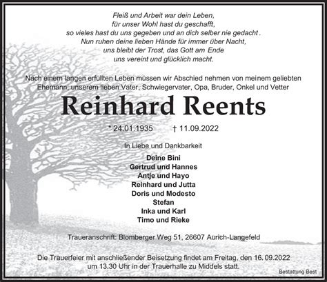 Traueranzeigen Von Reinhard Reents Nordwest Trauer De