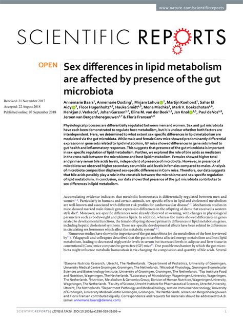 Pdf Sex Differences In Lipid Metabolism Are Affected By Presence Of