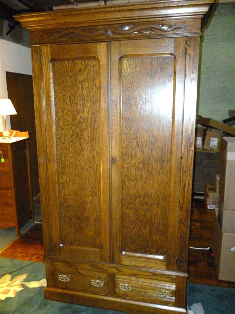 Antique Oak Wardrobe Armoire W Drawers Shelves Refinished Knockdown