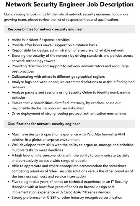 Network Security Engineer Job Description Velvet Jobs