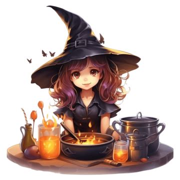 Cute Witch Making Potion In Pot Happy Halloween Party Celebration