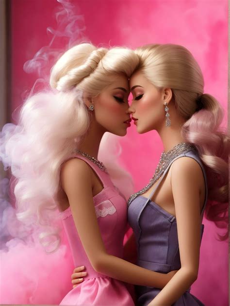 Ai Generative Lesbian Barbie Doll Kissing Another Barbie Doll On Pink