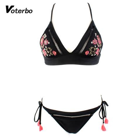 Voterbo Women Floral Embroidery Swimsuits Triangle Cup Bikinis Low