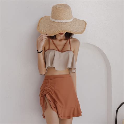 2024 新款分體泳衣女 顯瘦 ins風 溫泉泳衣 性感三件式平口褲 裙子素麵 荷葉邊 比基尼 BIKINI 遊泳衣 蝦皮購物