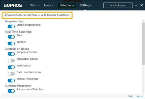 Settings Sophos Endpoint