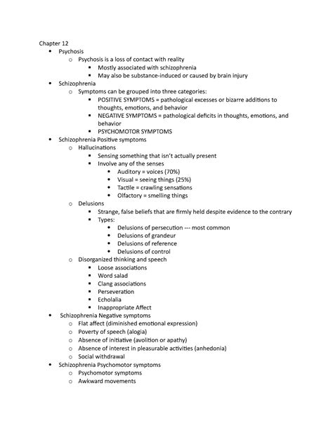 368 12 And 16 Lecture Notes Chapter 12 Psychosis O Psychosis Is A Loss Of Contact With Reality