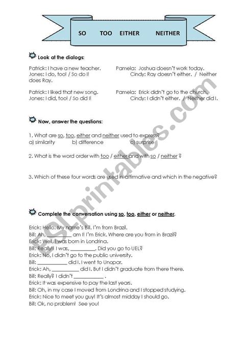 So Too Either Neither Esl Worksheet By Cccf