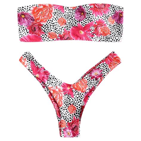 Sexy Swimsuit Women Swimwear Leopard Floral High Cut Bandeau Bikini Set