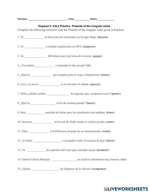 Free Spanish Irregular Preterite Worksheet Download Free Spanish Irregular Preterite Worksheet