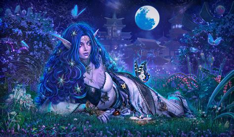 Crow Taisa Kislova Garden Butterfly Fantasy Art Digital Art Forest Trees Blue Hair