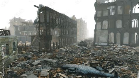 Conceptual war footage depicting the old town of a major city ravaged ...