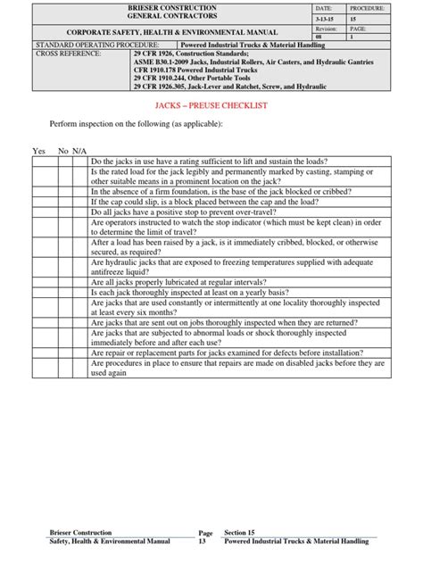 Ensuring Safe Jack Use Through Thorough Inspection A Pre Use Checklist For Jacks Pdf Nature