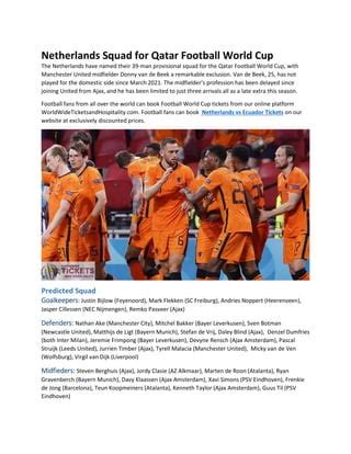 Netherlands Squad For Qatar Football World Cup Docx