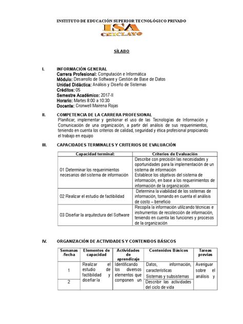 Formato Silabo Analisis Y Diseño De Sistemas De Informacion Pdf