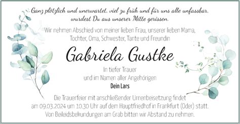 Traueranzeigen Von Gabriela Gustke M Rkische Onlinezeitung Trauerportal