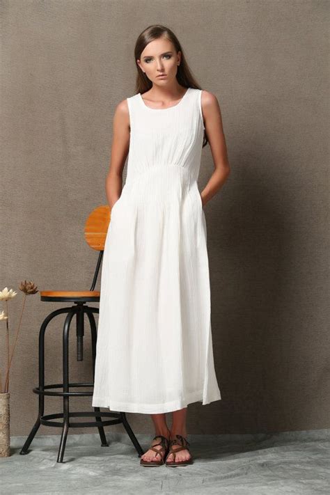 Linen Dress White Sleeveless Dress Women Maxi Dress Linen Dress Pockets Swing Dress White