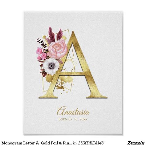 The Monogramm Letter With Pink Flowers And Gold Foil