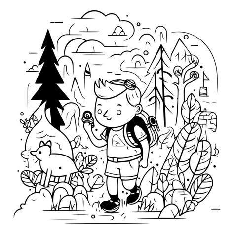 Ni O Caminando Con Una Mochila En El Bosque En Estilo Doodle Vector