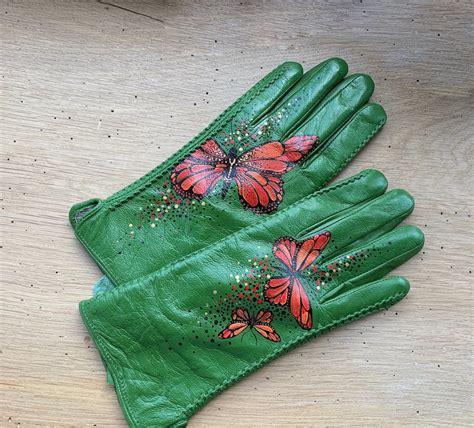 Ladies Gloves Maximalist Green Leather Gloves Womens Hand Painted