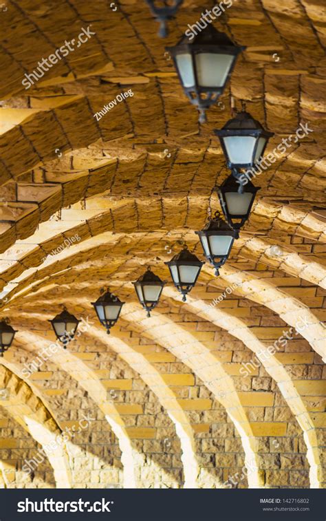 Arched Stone Colonnade Suspended Lanterns Stock Photo 142716802