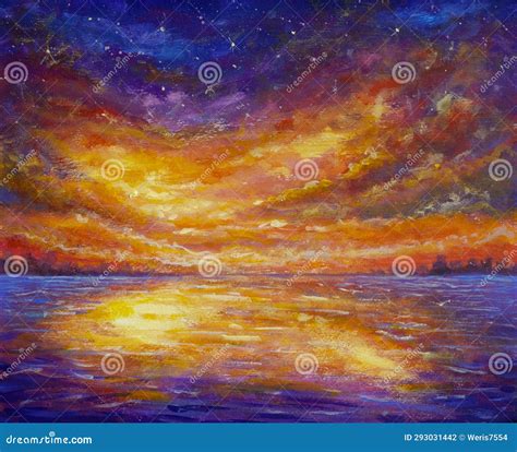 Beautiful Sunset Over Water Oil Painting Landscape Stock Photo - Image ...