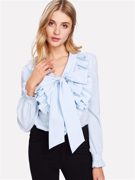 Shein Exaggerate Bow Tie Neck Ruffle Trim Top Ruffle Trim Top