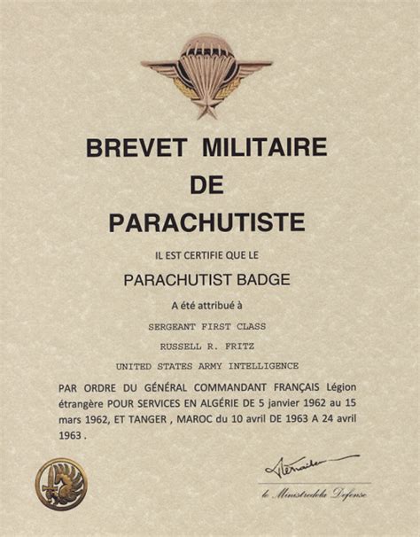 BREVET MILITAIRE DE PARACHUTISTE French Jump Wings Certificate