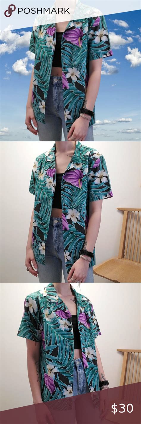 Vtg 80s 90s Hilo Hattie Hawaiian Button Up Shirt 100 Cotton Palm Tree