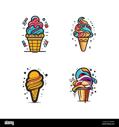 Hand Drawn Vintage Ice Cream Shop Logo In Flat Line Art Style Isolated On Background Stock