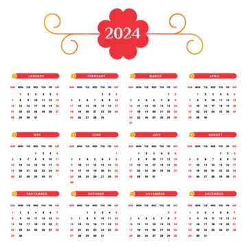 Kalender Desain Geometris Unik Merah Dan Kuning 2024 Vektor Kalender